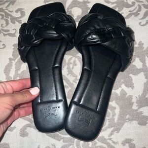 Marc Fisher Miyuki black puffy woven braided leather slide sandal